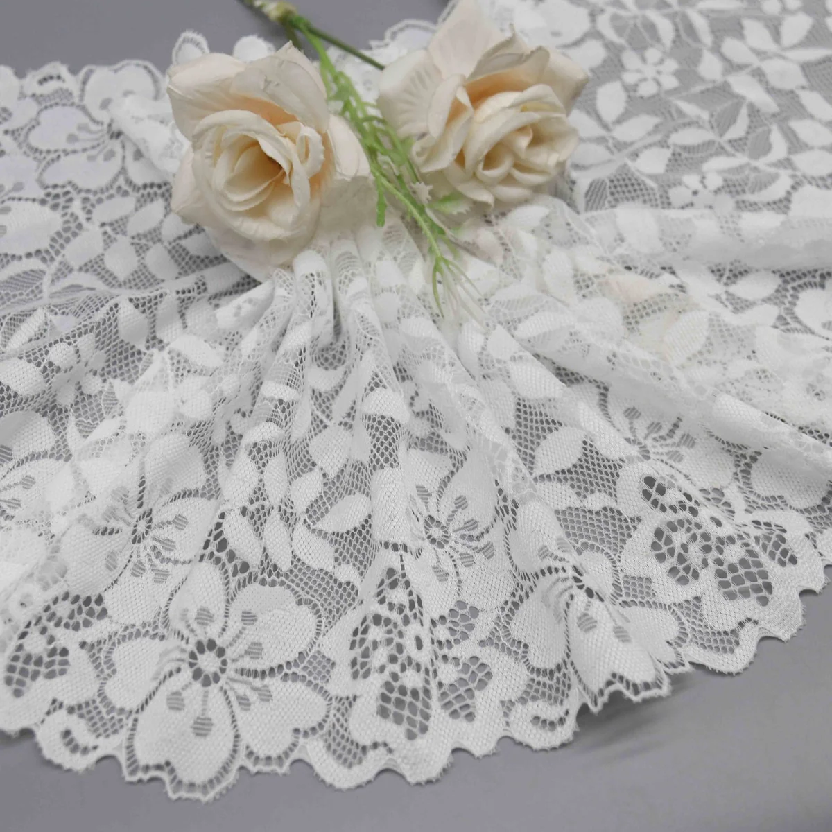 Dense Floral Pattern With Flowers and Leaves On Wide Stretch Galloon Lace for Lingerie