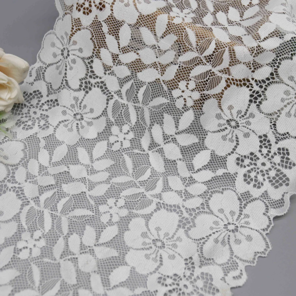 Dense Floral Pattern With Flowers and Leaves On Wide Stretch Galloon Lace for Lingerie