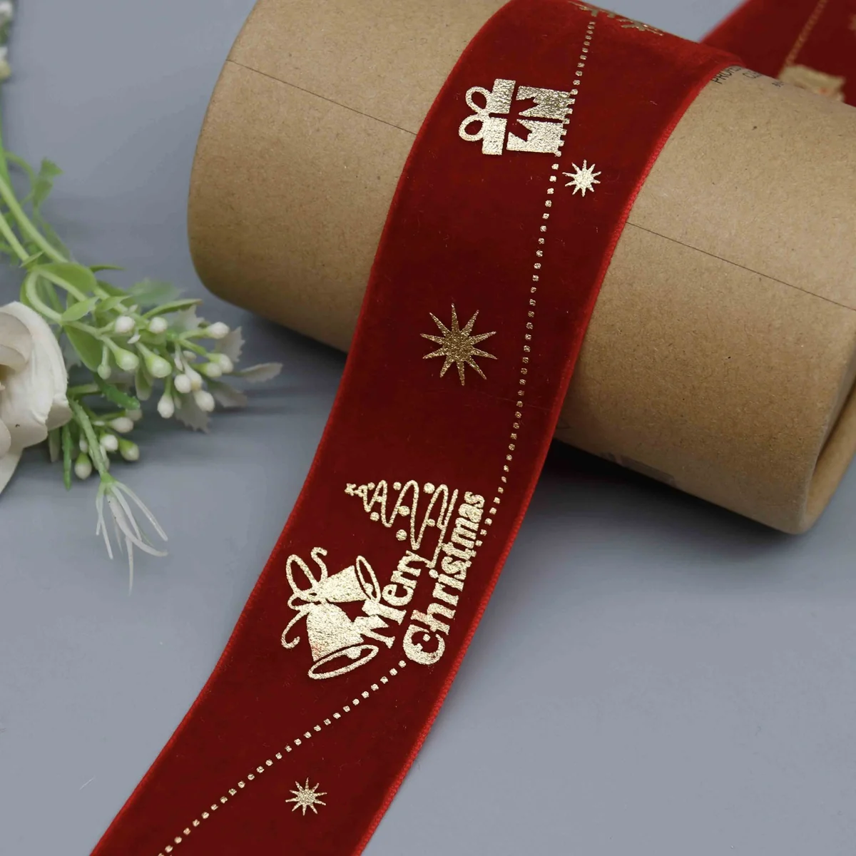 Factory Direct Gold Foil Christmas Velvet Ribbon for Holiday Decoration and Crafts