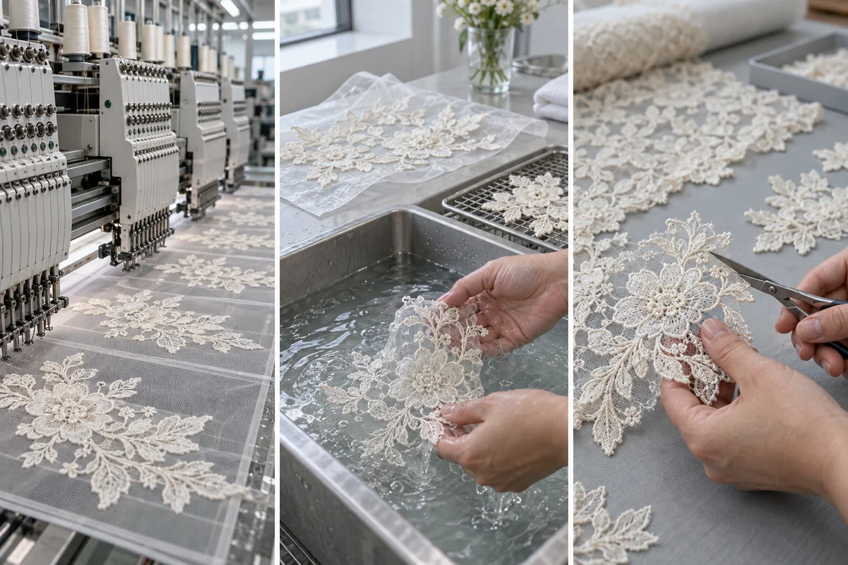 Three lace applique production routes: machine embroidery on mesh, removal of water-soluble backing and cutting motifs from lace fabric