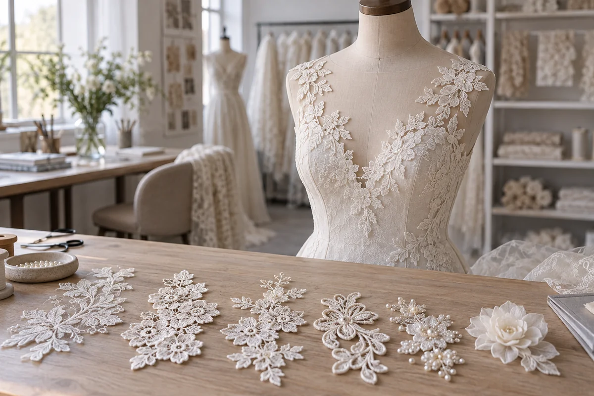 Loose ivory lace appliques being arranged on an adult-size bridal bodice in a professional design studio