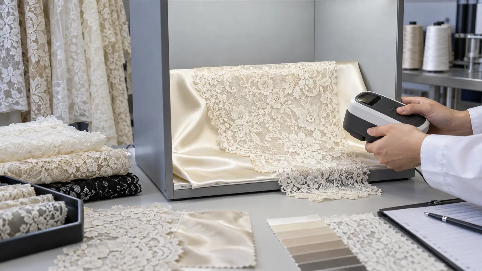 Ivory lace and satin being evaluated in a textile light booth with a handheld spectrophotometer