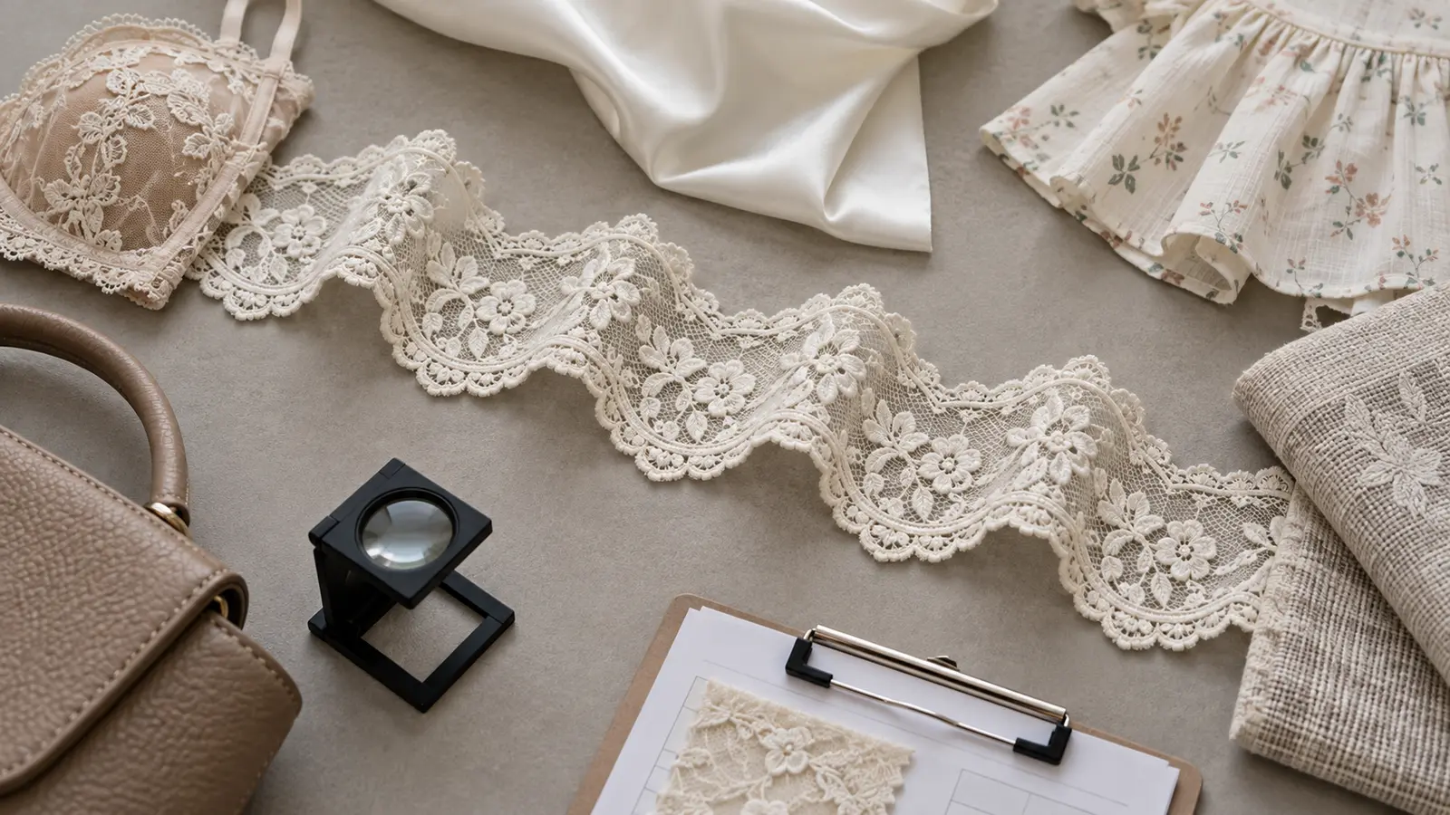 Ivory lace trim evaluated for lingerie, bridal, childrenswear, home textile, and bag applications