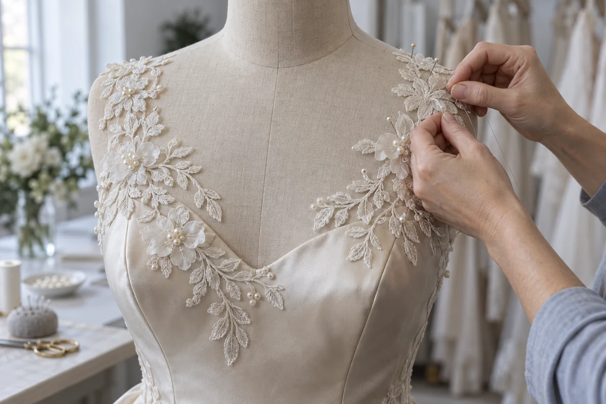 Dressmaker positioning and hand-sewing mirrored floral lace appliques onto an adult-size satin bodice