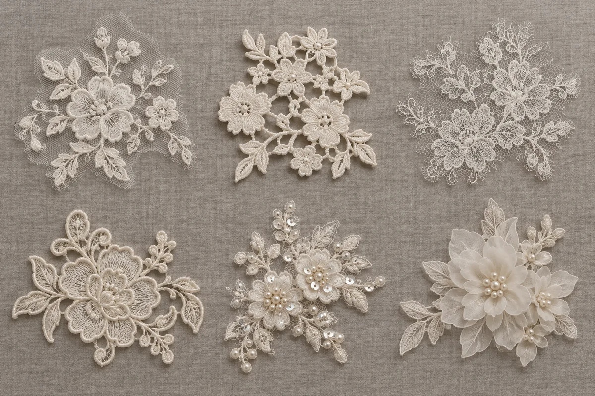 Six common ivory lace applique styles including embroidered tulle, guipure, Chantilly, corded, beaded and three-dimensional floral motifs