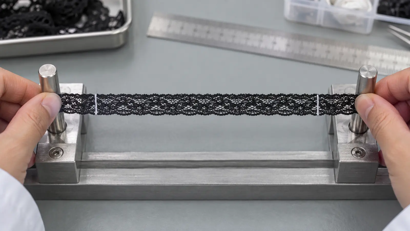 Technician checking the lengthwise recovery of a narrow black stretch lace sample on a bench jig