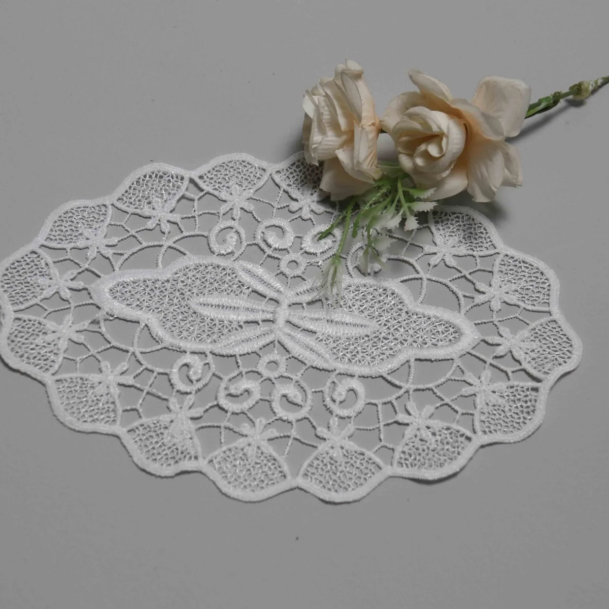 Symmetrical Floral and Butterfly Motif With A Lace Applique / Doily for Home Decor