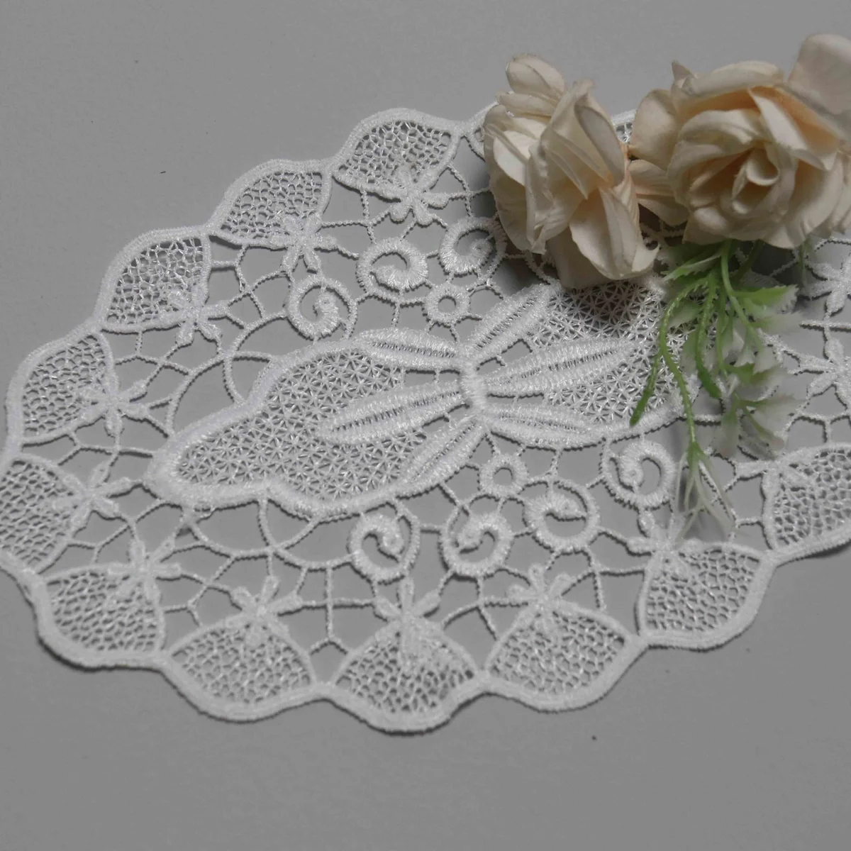 Symmetrical Floral and Butterfly Motif With A Lace Applique / Doily for Home Decor