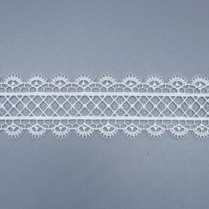 White water soluble lace trim featuring detailed scalloped edges and geometric design, ideal for delicate garment embellishments and sewing projects.