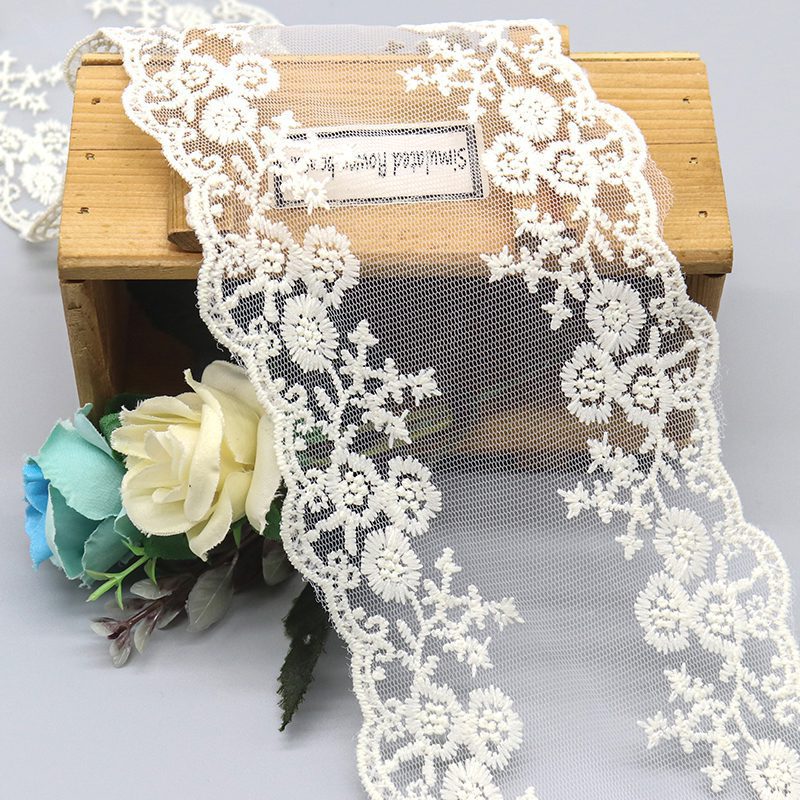 Side-by-side comparison of bias piping cord lace trim and grosgrain ribbon lace trim, showing rounded corded edges versus flat ribbed grosgrain edges for OEM apparel.