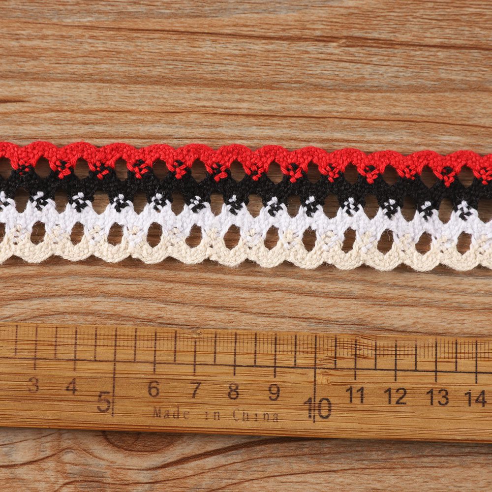 Black and red cotton eyelet lace trim shown with alternating colors and intricate holes, designed for unique border effects on shirts and skirts.
