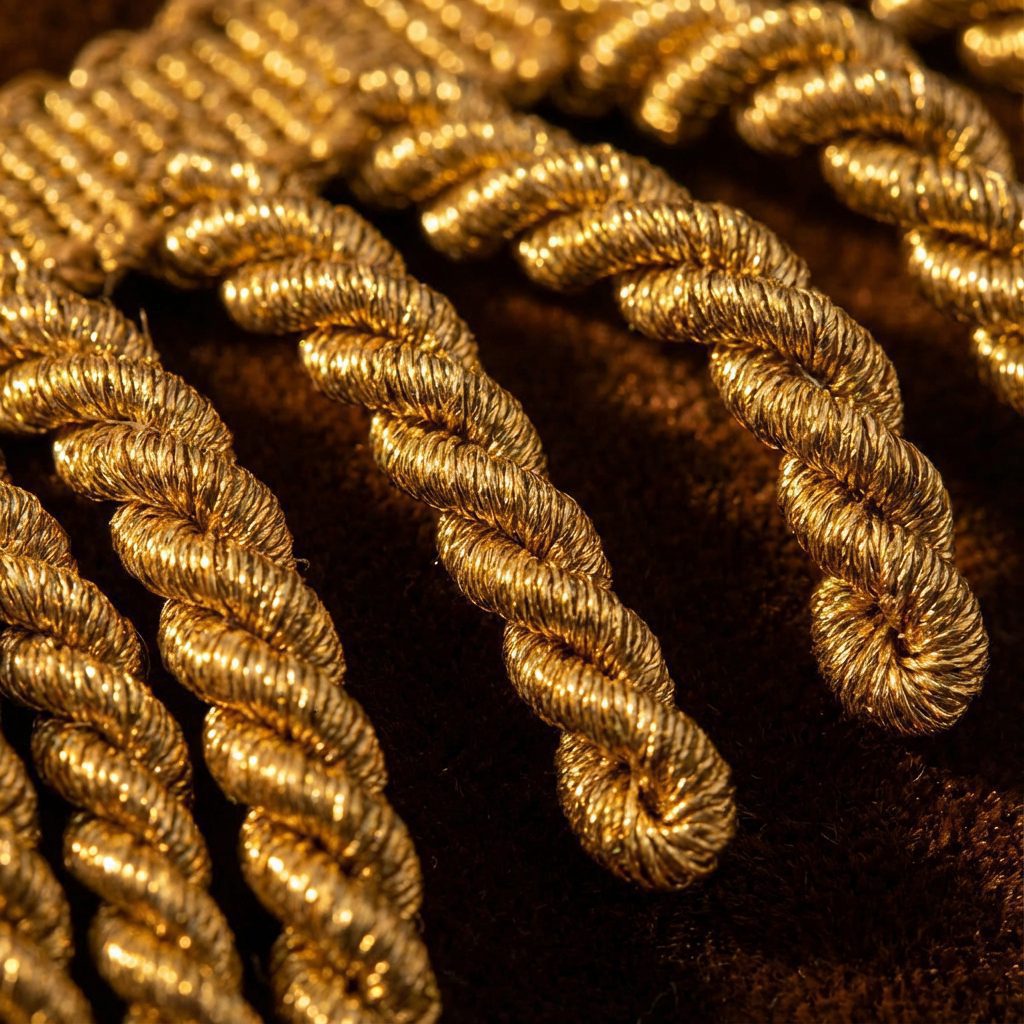 Close-up of gold bullion fringe trim showing spiral twisted metallic cords
