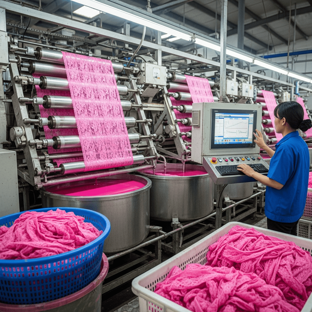 Dyeing Factory Dyeing Lace, Machine Dyeing, Workers Operating Computer, Dyed Lace Is pink