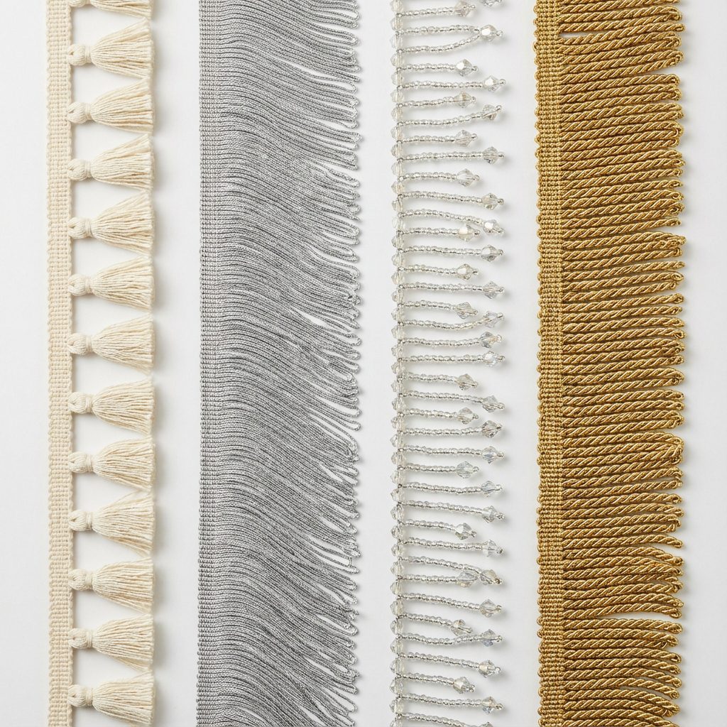 Four types of tassel trim comparison cotton chainette beaded and bullion fringe