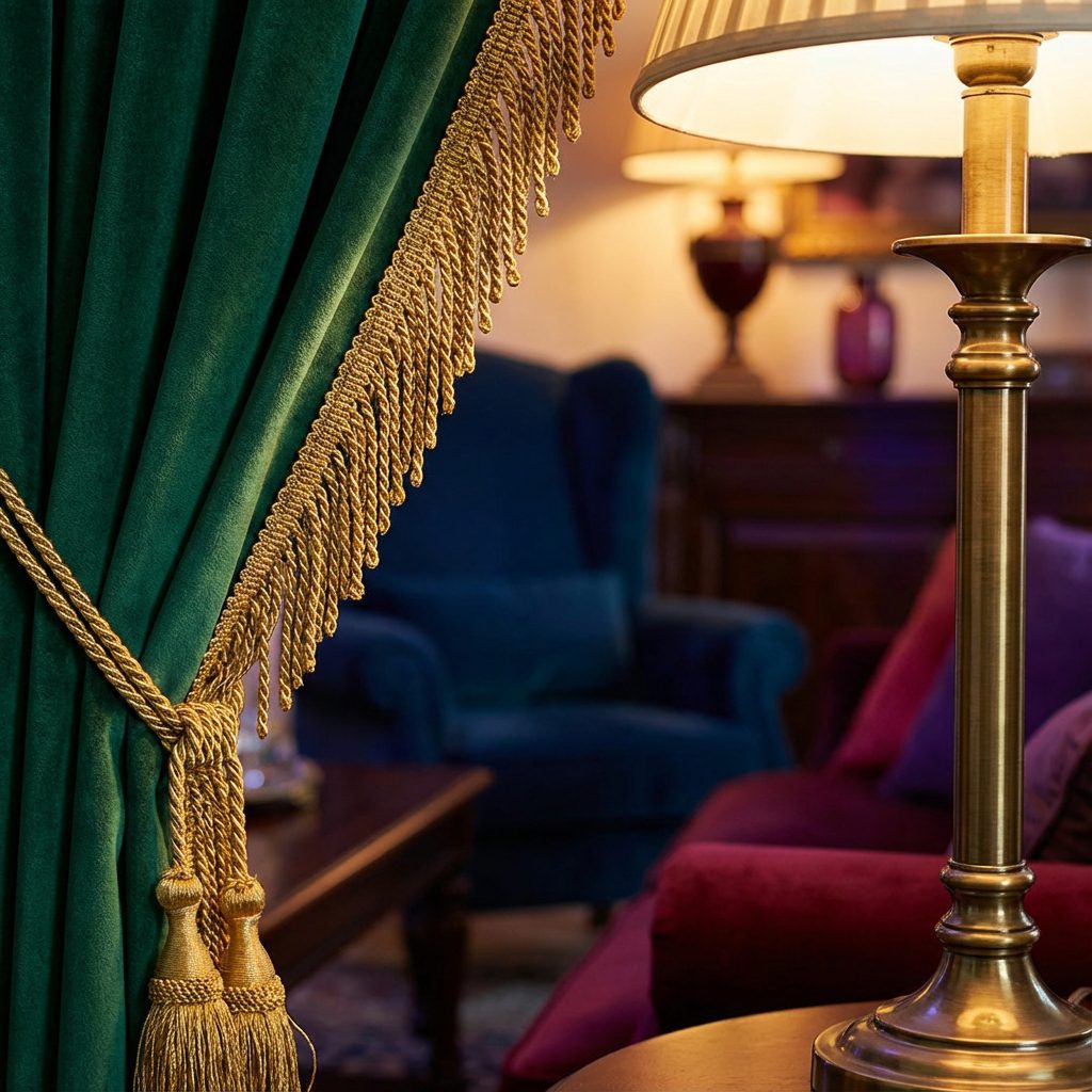 Gold bullion fringe trim on luxury velvet curtain in elegant interior