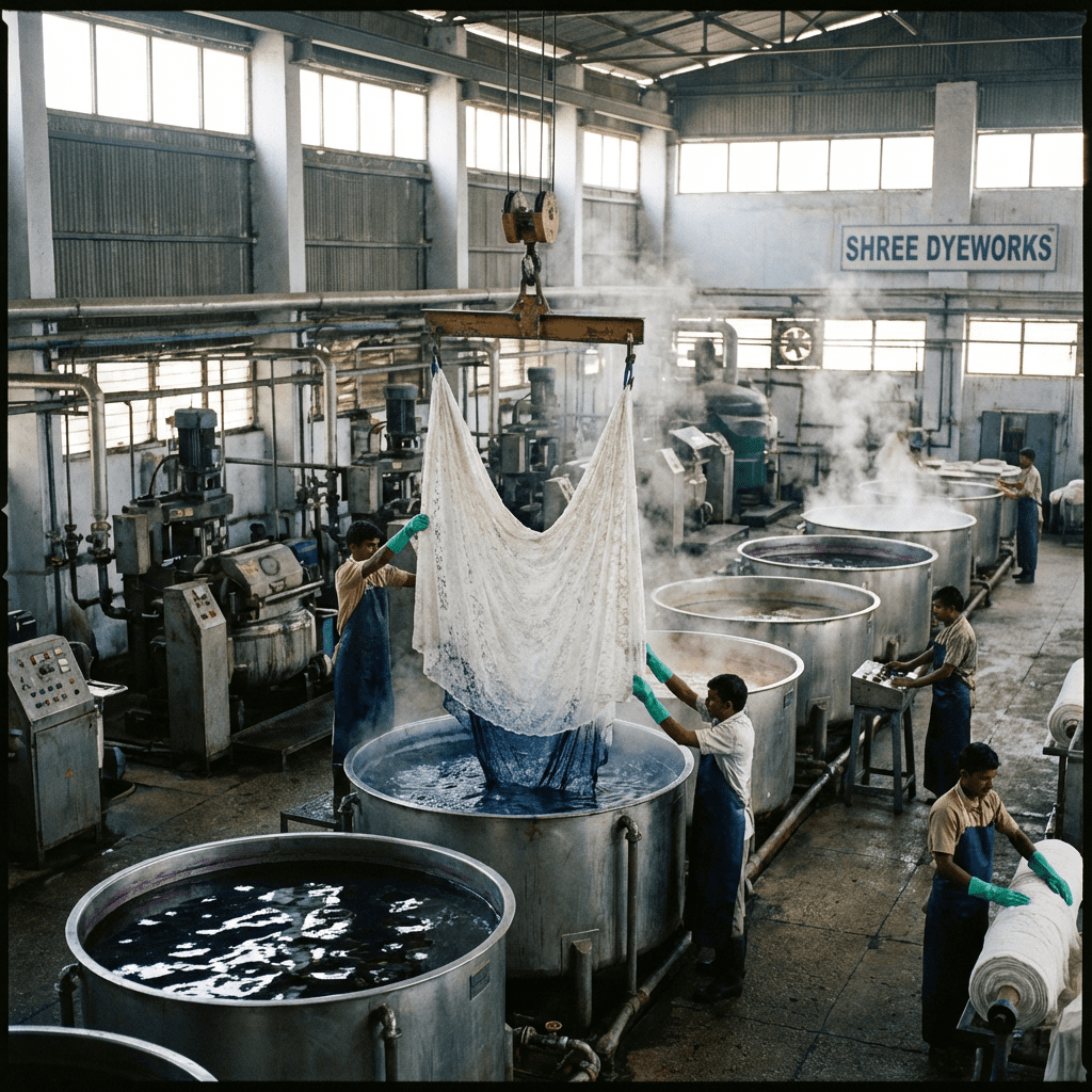 Industrial lace dyeing process in textile factory