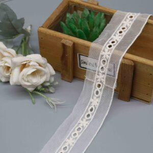 Front-facing shot of Butterfly Eyelet Polyester Mesh Embroidery Lace Trim, showing the circular openwork pattern and sheer tulle ground clearly.
