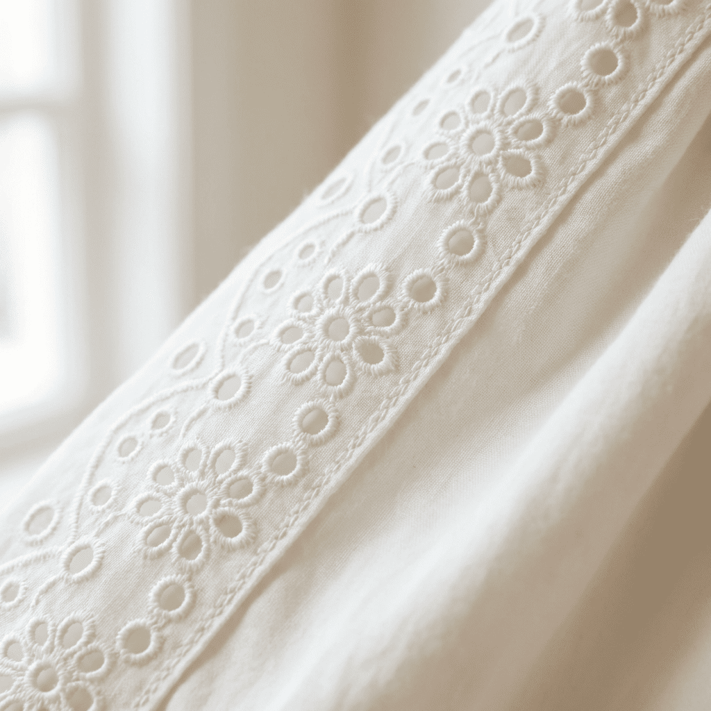white embroidered eyelet lace trim sewn onto the edge of a cream-colored fabric garment.