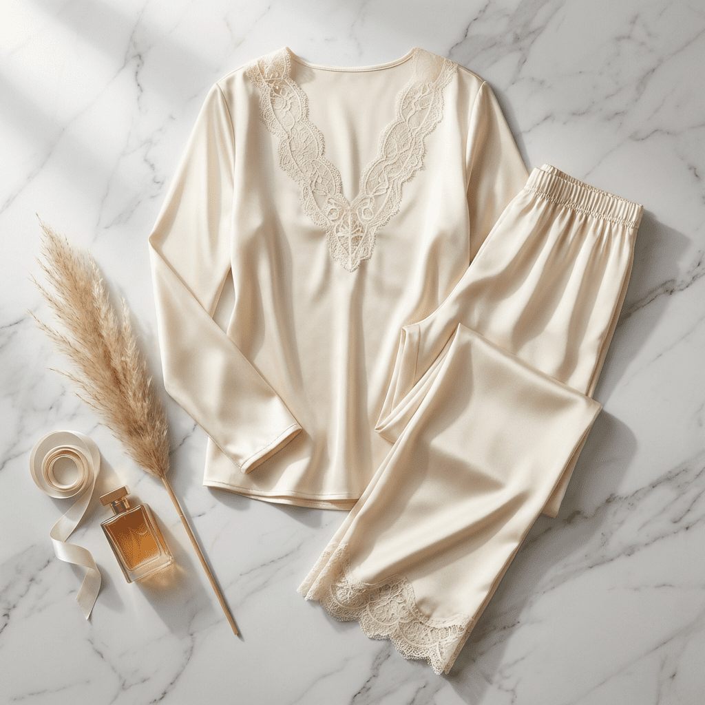 Elegant cream satin pajama set laid on marble, featuring delicate lace on the V-neckline and pant hems, illustrating beautiful lace trim for pajamas.