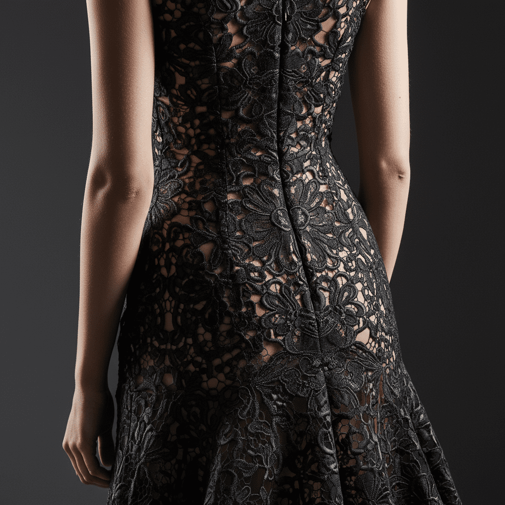 A close-up of the back of a woman wearing an elegant black lace dress, showcasing intricate floral patterns and a nude-colored lining.