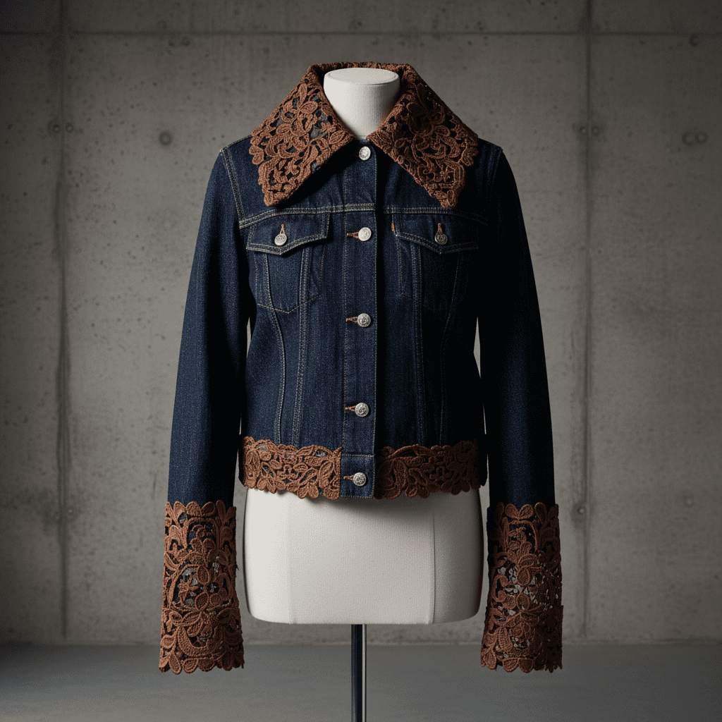 Vintage dark blue denim trucker jacket with intricate brown hollow lace collar and cuff trim details, women's fashion denim outerwear displayed on mannequin