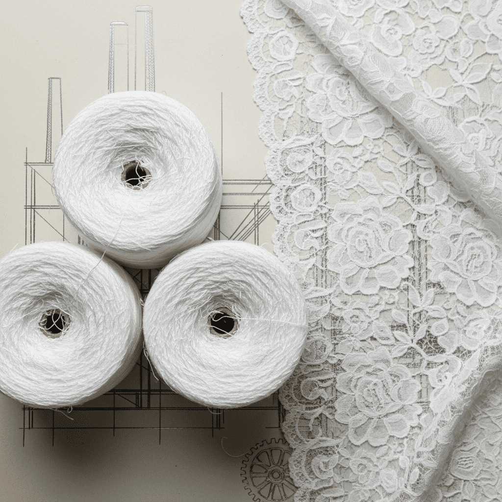 A spool of raw synthetic yarn next to beautifully finished lace fabric material and delicate lace trims, highlighting the raw material to finished product supply chain.
