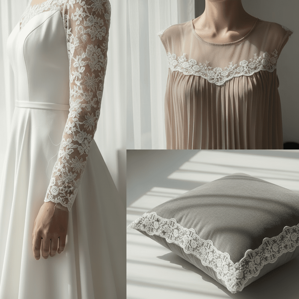 A three-panel collage showing a 10.5cm polyester embroidered tulle lace applied to a bridal gown sleeve, a blouse cuff, and a luxury cushion.