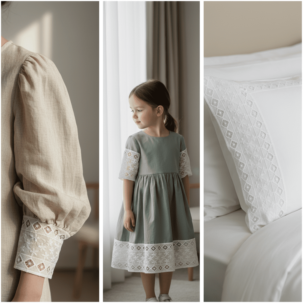A triptych collage showing 10.8cm white cotton eyelet lace detailing on a woman's linen blouse, a child's dress hem, and a luxury pillowcase.