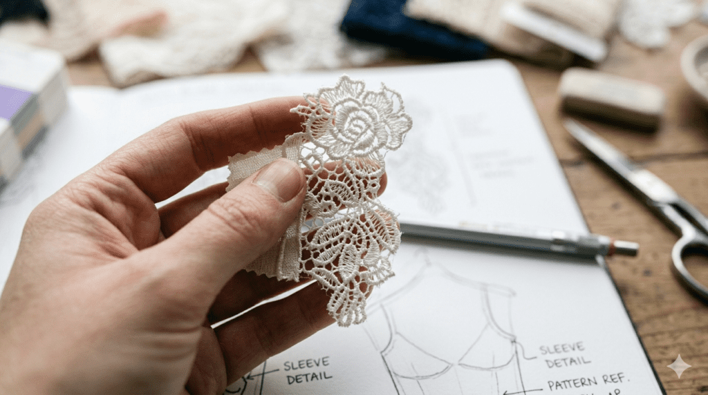 A close-up of a hand holding a white lace strike-off sample for quality inspection against a blurred workshop background.