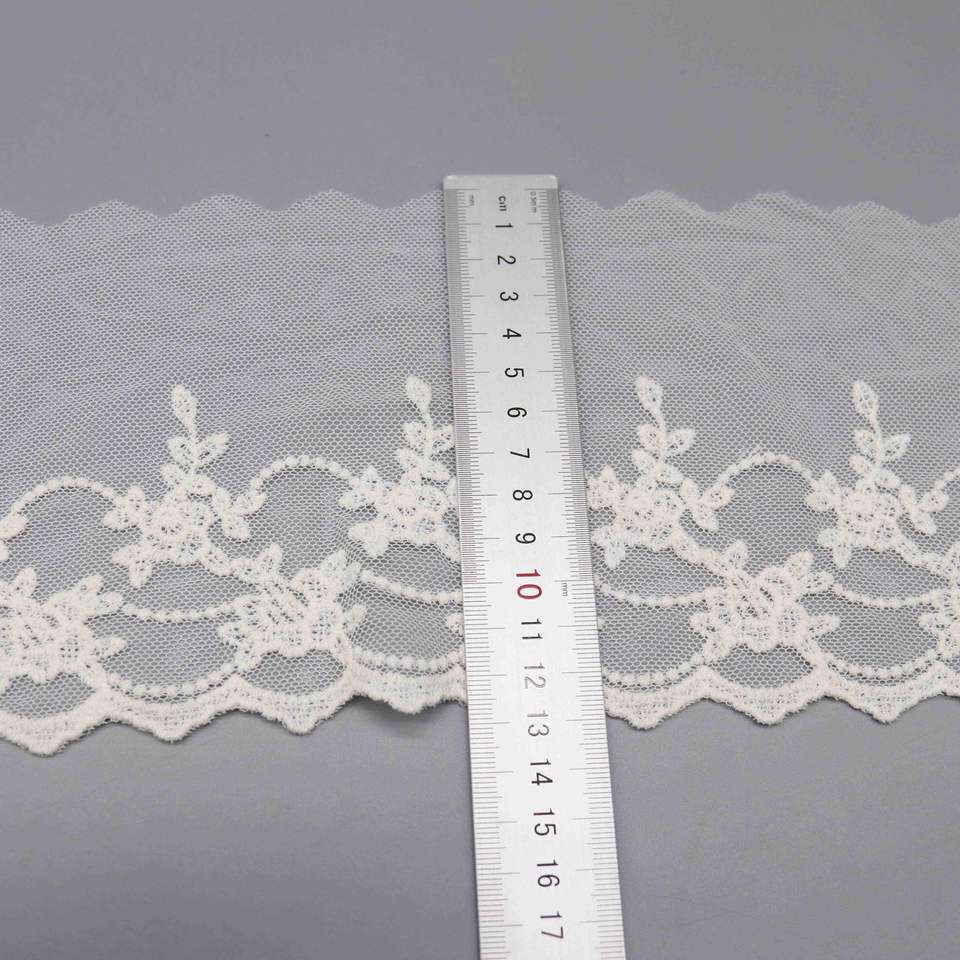 13.5cm Wide Floral Vine Embroidered Tulle Lace with Scalloped Edge