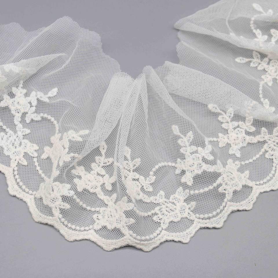Best Selling 13.5cm Wide Floral Vine Embroidered Tulle Lace with Scalloped Edge - Image 4