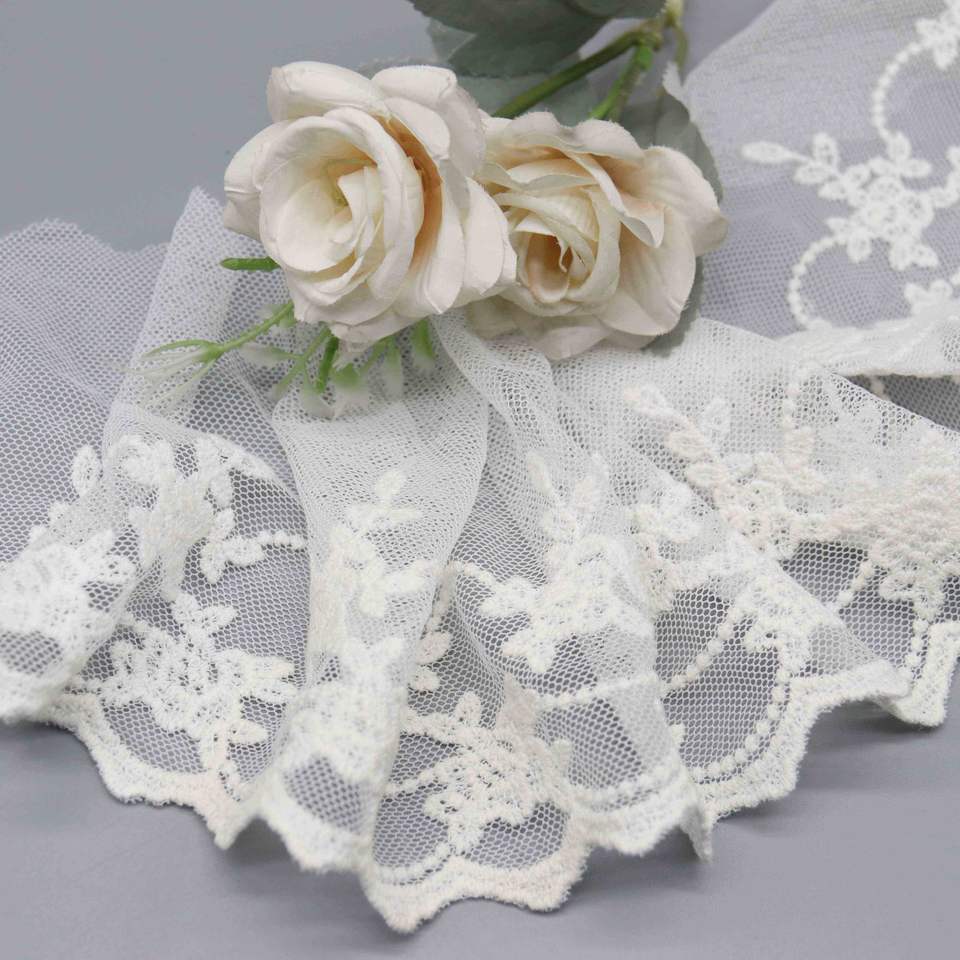 Best Selling 13.5cm Wide Floral Vine Embroidered Tulle Lace with Scalloped Edge - Image 3