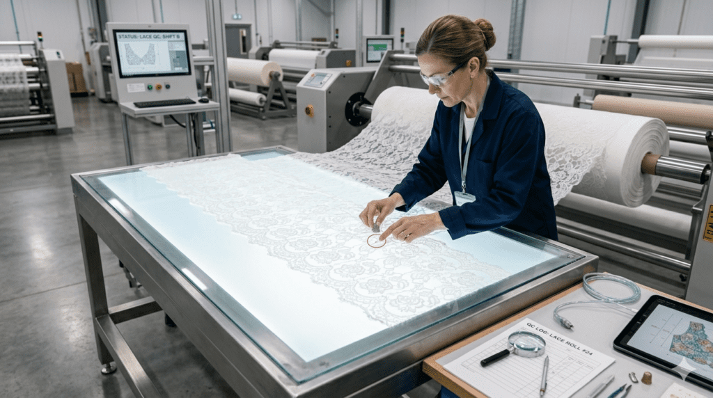 A quality control inspector examining a large roll of lace fabric on an illuminated inspection machine in a modern textile factory.