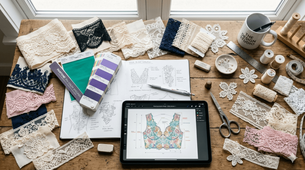 A designer's desk with custom lace samples, Pantone color swatches, and a sketchbook showing intricate lace patterns.