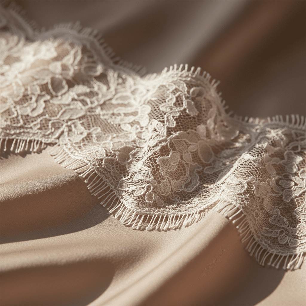 Close-up of soft beige eyelash lace trim on smooth satin, showcasing fine fringed scalloped edges and intricate floral patterns.