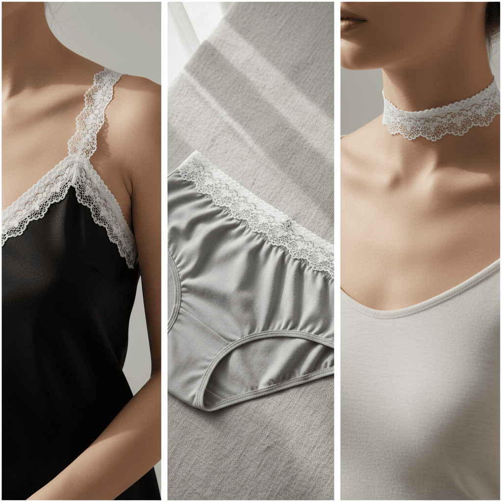 A triptych collage demonstrating a 2.5cm narrow stretch lace used as straps on a silk camisole, a detail on panties, and a fashion choker.