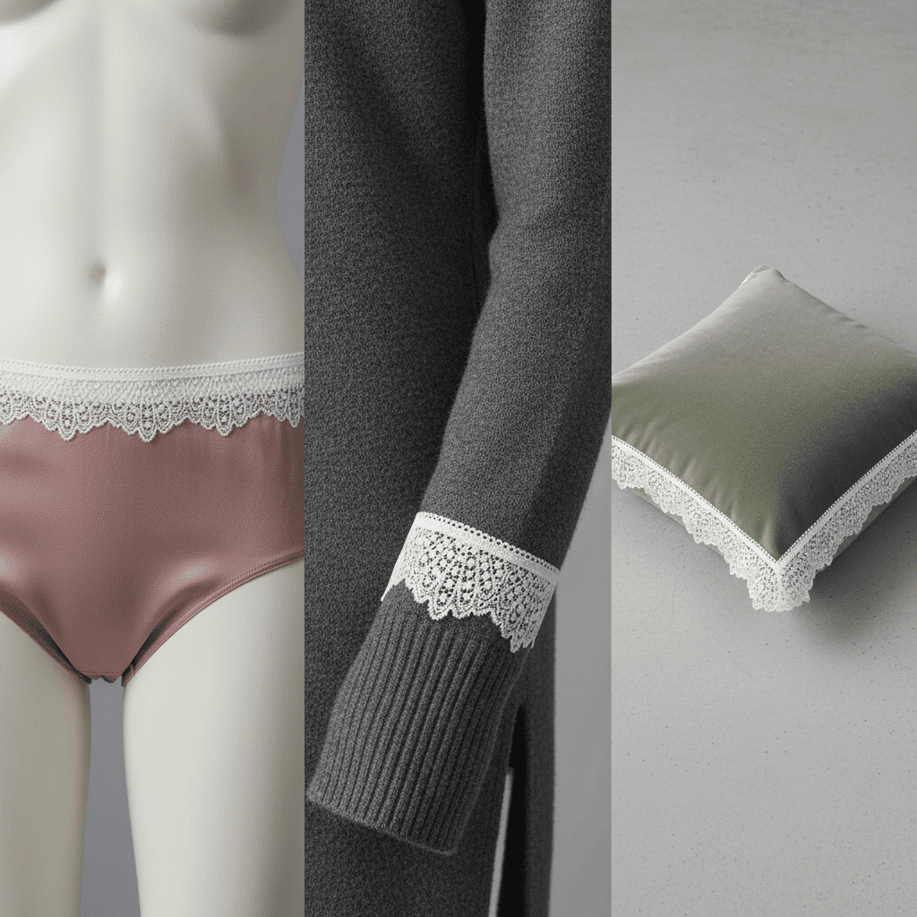 A triptych lookbook collage showing a 4.5cm scalloped edge stretch lace used as a waistband on silk panties and a cuff on a blouse.