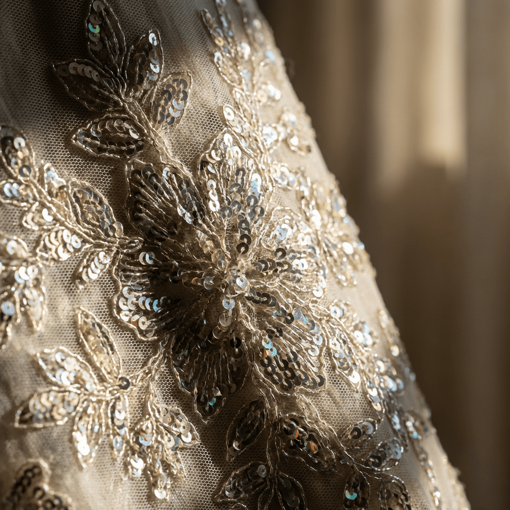 Close-up of champagne gold sequined floral embroidery on sheer tulle fabric, showing detailed beading and shimmer