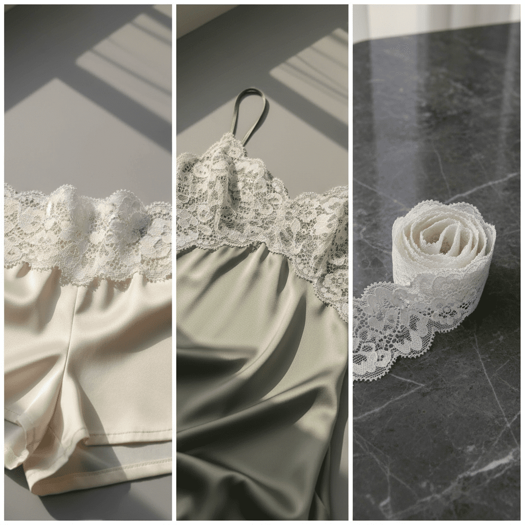 A lookbook triptych showing 5cm stretch galloon lace used as a decorative waistband on shorts and as a bodice overlay on a dress