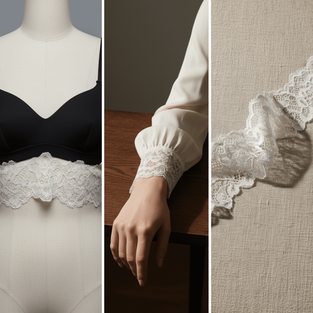 A luxury fashion triptych showing 5.5cm wide elastic lace used as a bralette band and as a detailed cuff on a silk blouse