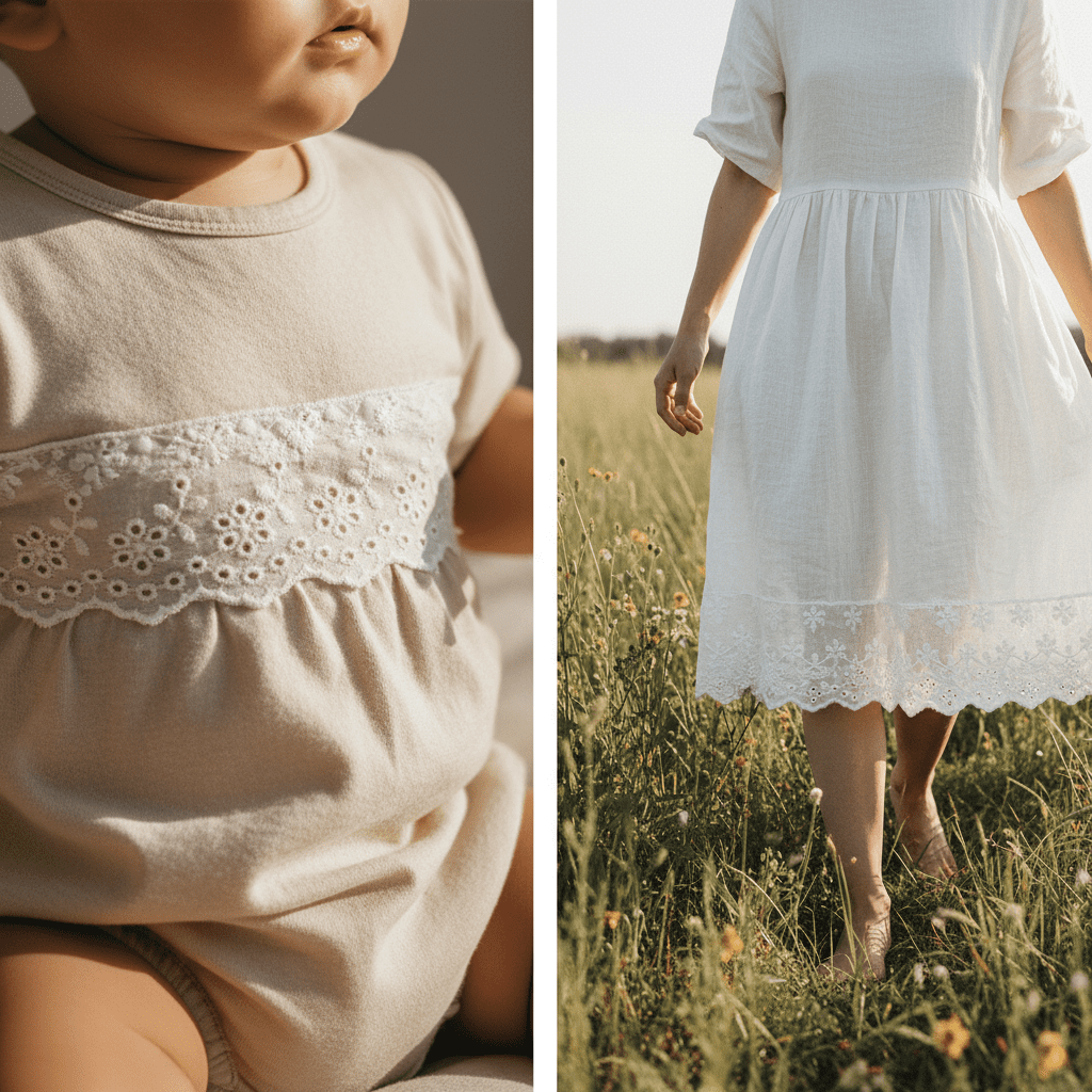 A split-screen collage showing certified cotton eyelet lace used on an organic baby romper and a woman's bohemian summer dress.