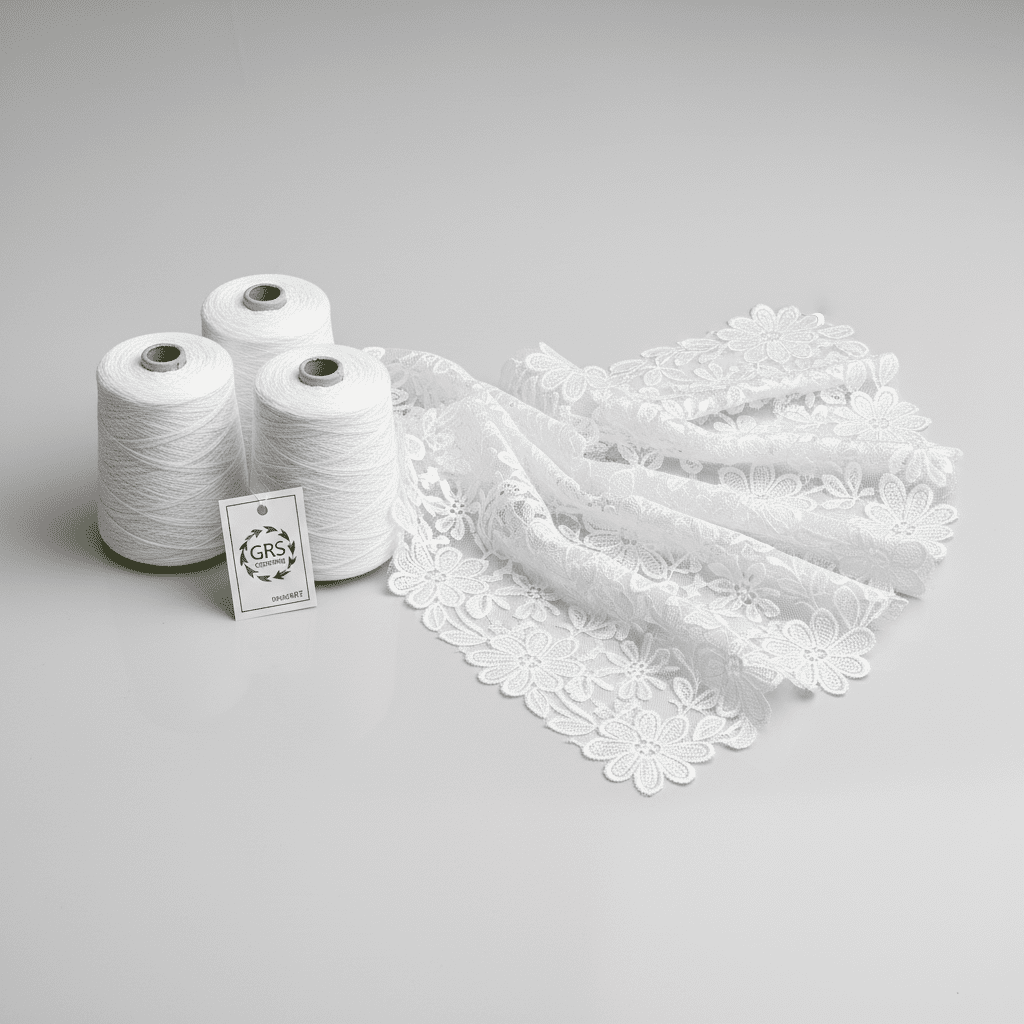 White floral lace trim displayed alongside GRS-certified recycled yarn cones, representing sustainable lace production.