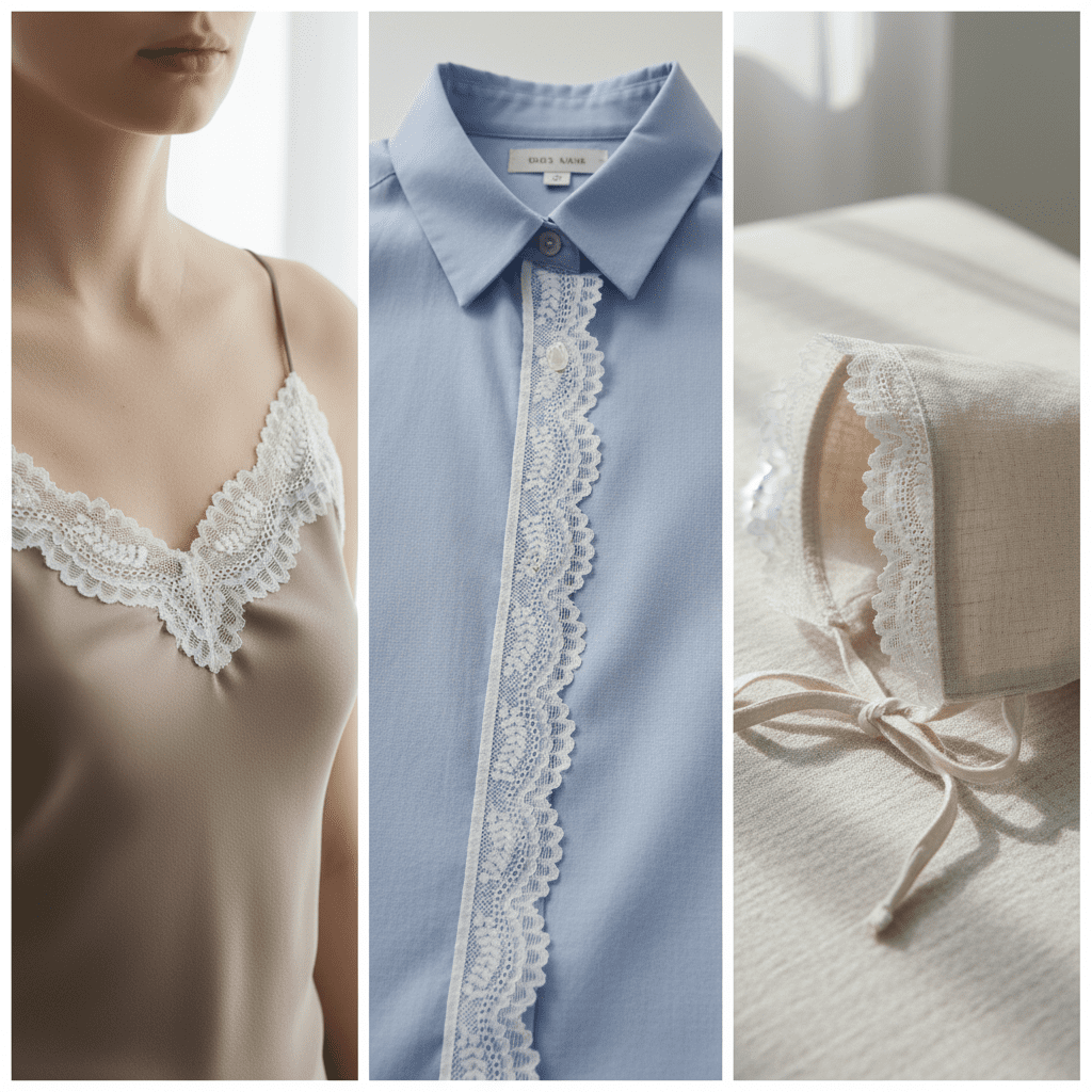 A triptych lookbook collage showing a 3.3cm floral stretch lace trim applied to a silk camisole, a cotton blouse, and a baby's bonnet.