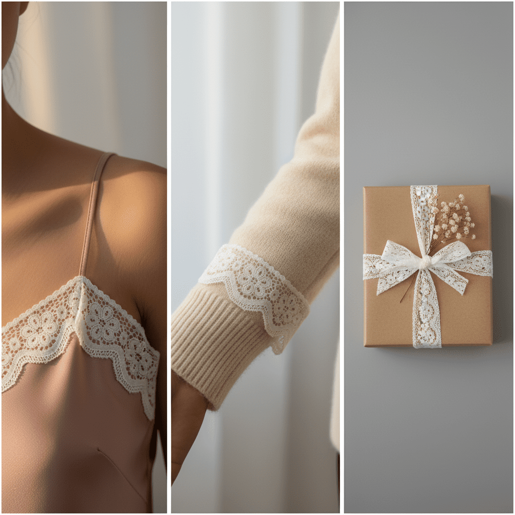 A professional lookbook triptych showing a 3.5cm galloon lace trim as a camisole strap, sleeve cuff, and decorative ribbon
