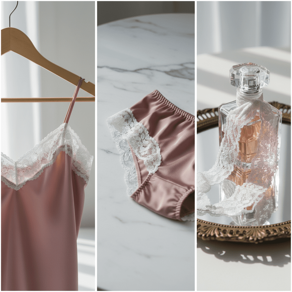 A luxury triptych showing 3.7cm elastic lace trim used as straps on a silk camisole and elegantly draped on a vanity.