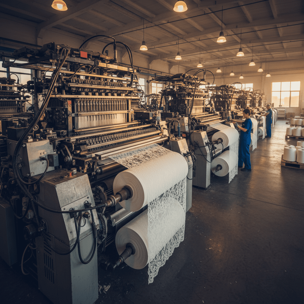 industrial Raschel lace knitting machine in factory