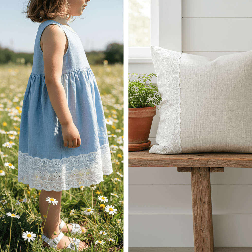 A diptych collage showing an 8cm wide cotton eyelet lace used as a hem on a girl's dress and as a border on a decorative home cushion.