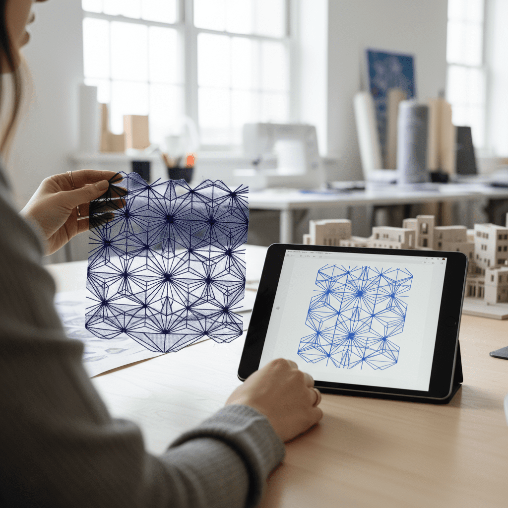 Fashion designer comparing a handcrafted lace swatch with its digital design on a tablet, illustrating rapid customization workflows.