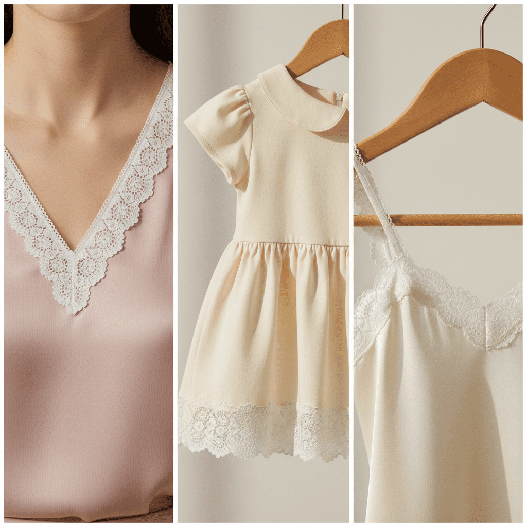 A triptych collage demonstrating a 2.6cm picot edge stretch lace used on a blouse neckline, a children's dress hem, and a camisole.