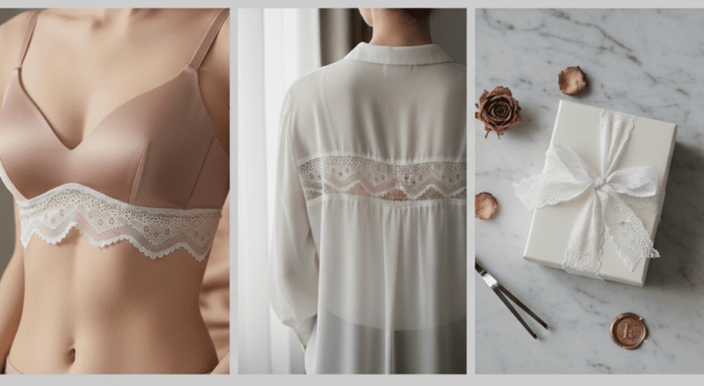 A lookbook collage showing a 4.5cm wide stretch lace trim used as a bralette band, a blouse insert, and a decorative ribbon.